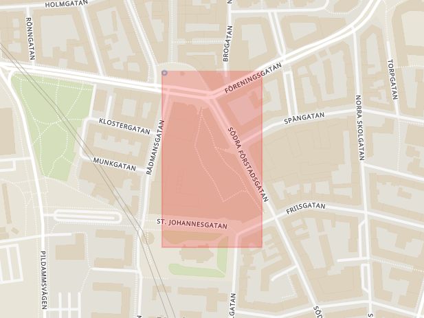 Karta som med röd fyrkant ramar in Triangeln, Rådmansvången, Malmö, Skåne län
