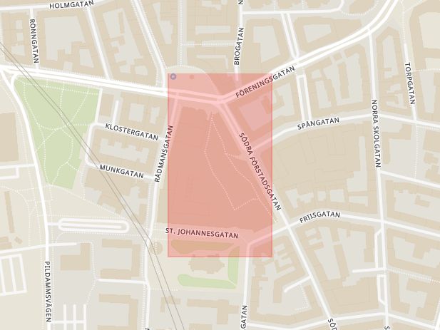 Karta som med röd fyrkant ramar in Södra Förstadsgatan, Heleneholm, Vendelsfridsgatan, Malmö, Skåne län