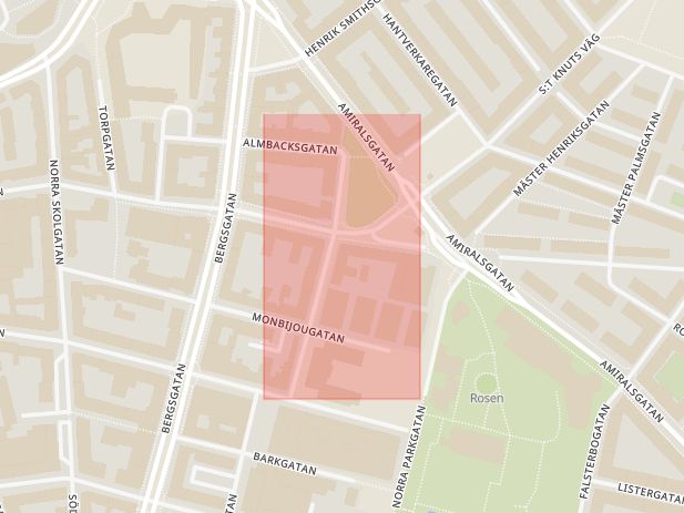 Karta som med röd fyrkant ramar in Södra Sofielund, Helsingborg, Malmö, Skåne län