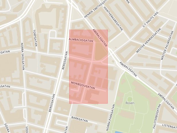 Karta som med röd fyrkant ramar in Helsingborgsgatan, Malmö, Skåne län