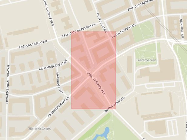 Karta som med röd fyrkant ramar in Carl Gustavs Väg, Nikolaigatan, Malmö, Skåne län
