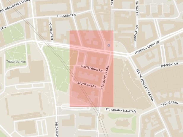 Karta som med röd fyrkant ramar in Klostergatan, Malmö, Skåne län