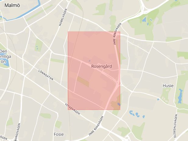 Karta som med röd fyrkant ramar in Trafikplats Rosengård, Malmö, Skåne län