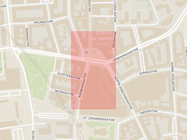 Karta som med röd fyrkant ramar in Triangeln, Lund, Malmö, Skåne län