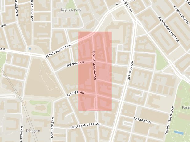 Karta som med röd fyrkant ramar in Norra Skolgatan, Malmö, Skåne län