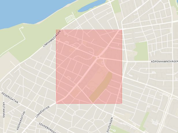 Karta som med röd fyrkant ramar in Erikslustvägen, Köpenhamnsvägen, Malmö, Skåne län