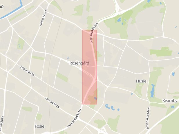 Karta som med röd fyrkant ramar in Inre Ringvägen, Trafikplats Rosengård, Malmö, Skåne län