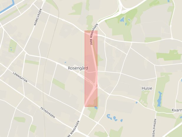 Karta som med röd fyrkant ramar in Inre Ringvägen, Rosengård, Malmö, Skåne län