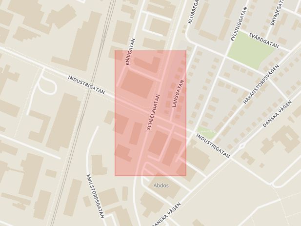 Karta som med röd fyrkant ramar in Katrinelund, Scheelegatan, Industrigatan, Östra Farmvägen, Malmö, Skåne län