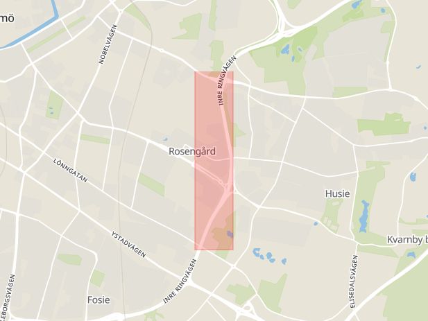 Karta som med röd fyrkant ramar in Inre Ringvägen, Trafikplats Hindby, Trafikplats Rosengård, Malmö, Skåne län