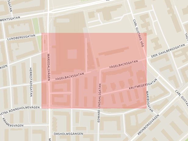 Karta som med röd fyrkant ramar in Fågelbacken, Fågelbacksgatan, Malmö, Skåne län