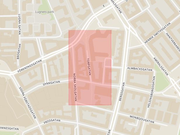 Karta som med röd fyrkant ramar in Torpgatan, Amiralsgatan, Lugnet, Drottninggatan, Kaptensgatan, Malmö, Skåne län