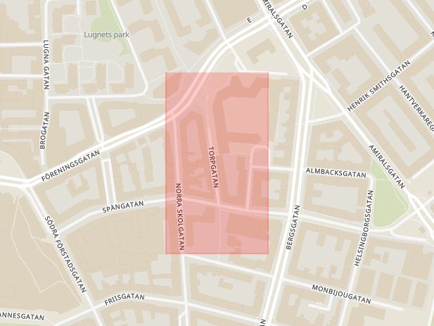 Karta som med röd fyrkant ramar in Torpgatan, Malmö, Skåne län