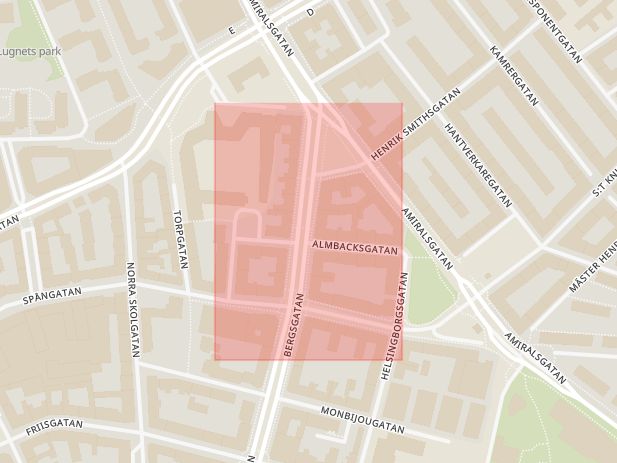 Karta som med röd fyrkant ramar in Almbacksgatan, Malmö, Skåne län