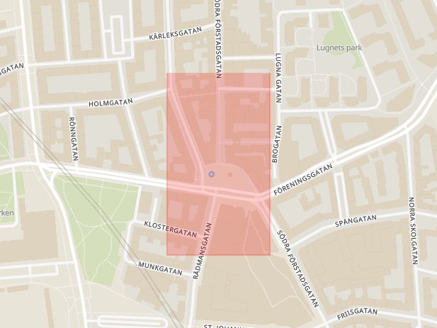 Karta som med röd fyrkant ramar in Södra Förstadsgatan, Triangeln, Malmö, Skåne län
