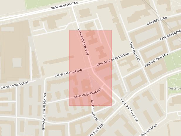 Karta som med röd fyrkant ramar in Carl Gustafs Väg, Fågelbacksgatan, Malmö, Skåne län