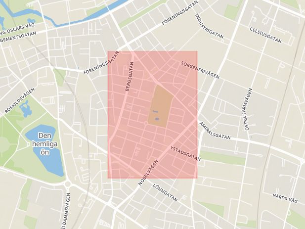 Karta som med röd fyrkant ramar in Möllevången, Malmö, Skåne län
