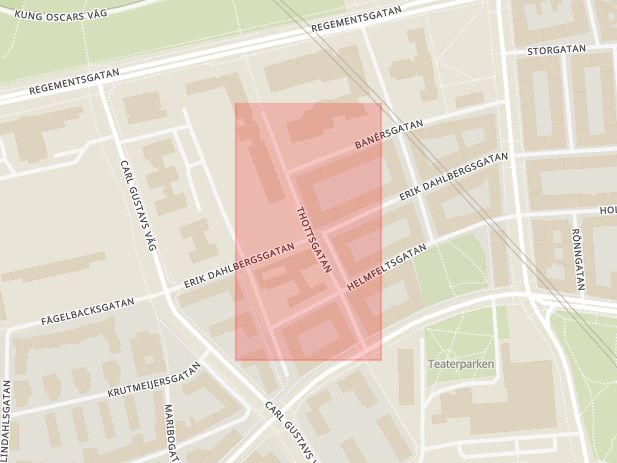 Karta som med röd fyrkant ramar in Thottsgatan, Malmö, Skåne län