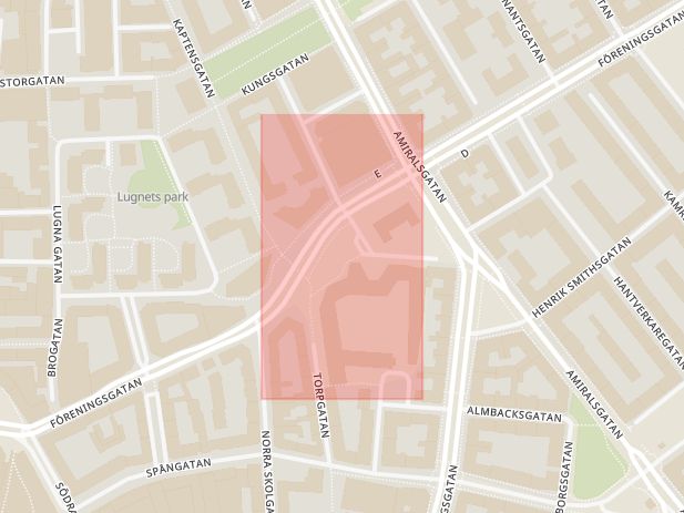Karta som med röd fyrkant ramar in Stadshuset, Malmö, Skåne län