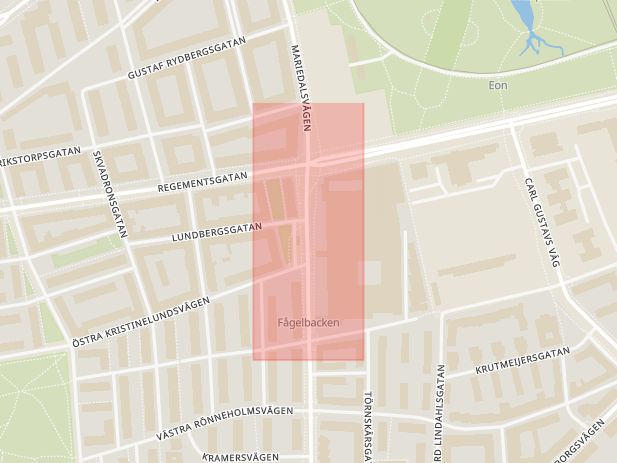 Karta som med röd fyrkant ramar in Mariedalsvägen, Kronprinsen, Malmö, Skåne län