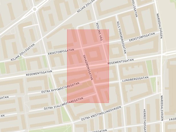 Karta som med röd fyrkant ramar in Regementsgatan, Skvadronsgatan, Kronprinsen, Malmö, Skåne län