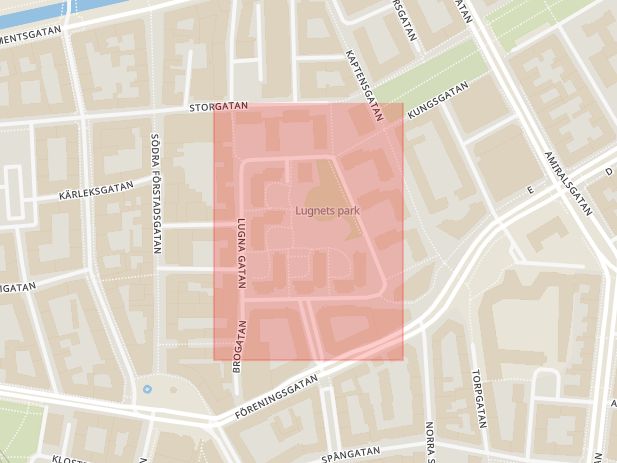 Karta som med röd fyrkant ramar in Lugna Gatan, Malmö, Skåne län