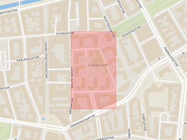 Karta som med röd fyrkant ramar in Lugnet, Lugna Gatan, Malmö, Skåne län