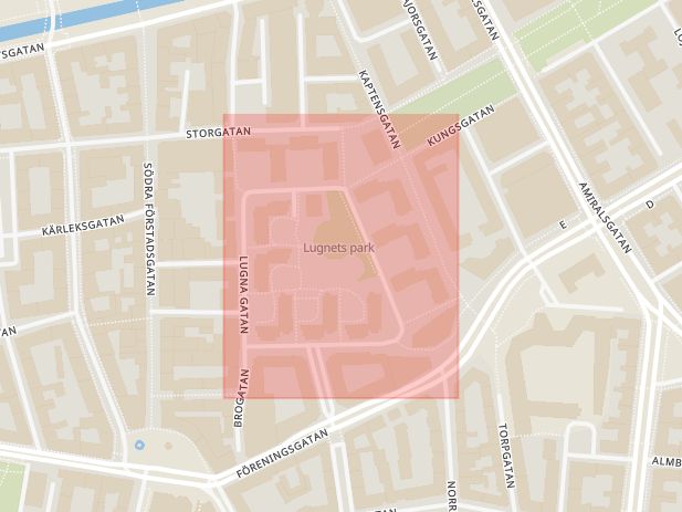 Karta som med röd fyrkant ramar in Lugna Gatan, Gatan, Malmö, Skåne län