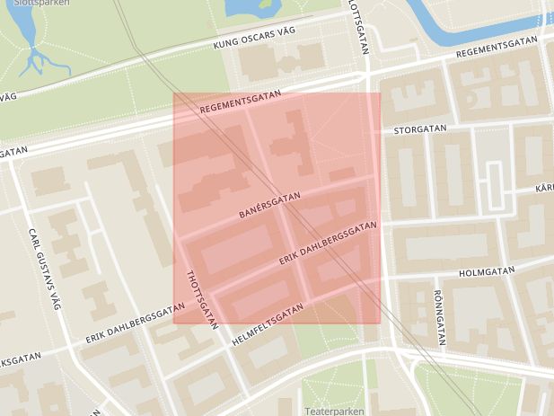 Karta som med röd fyrkant ramar in Banérsgatan, Kung Oscars Väg, Malmö, Skåne län