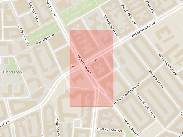Karta som med röd fyrkant ramar in Amiralsgatan, Föreningsgatan, Malmö, Skåne län