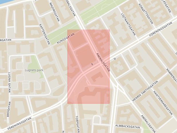 Karta som med röd fyrkant ramar in Konserthuset, Amiralsgatan, Malmö, Skåne län