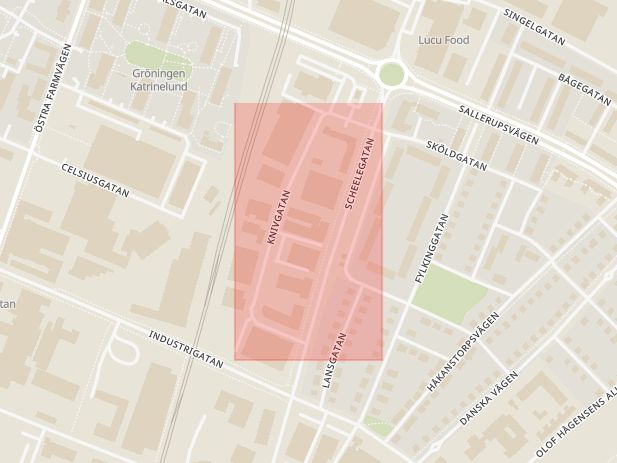 Karta som med röd fyrkant ramar in Knivgatan, Malmö, Skåne län