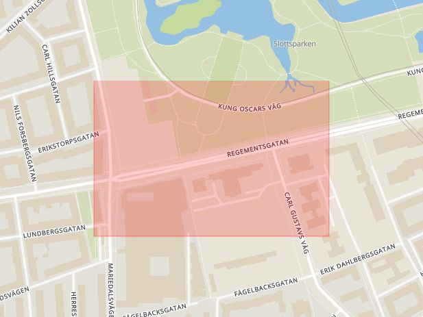 Karta som med röd fyrkant ramar in Hästhagen, Regementsgatan, Kronprinsen, Malmö, Skåne län