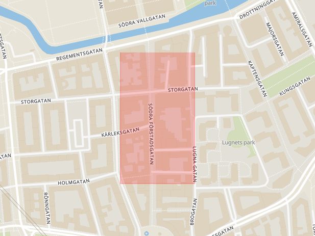 Karta som med röd fyrkant ramar in Spårvägsgatan, Södra Förstadsgatan, Malmö, Skåne län