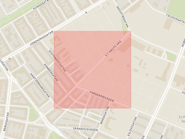 Karta som med röd fyrkant ramar in Knuts Väg, Malmö, Skåne län