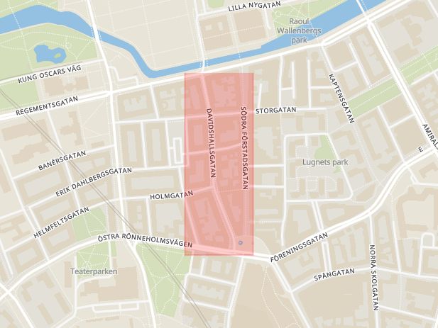 Karta som med röd fyrkant ramar in Davidshall, Davidshallsgatan, Malmö, Skåne län