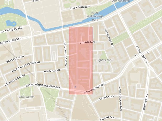 Karta som med röd fyrkant ramar in Lugnet, Lugna Gatan, Södra Förstadsgatan, Malmö, Skåne län