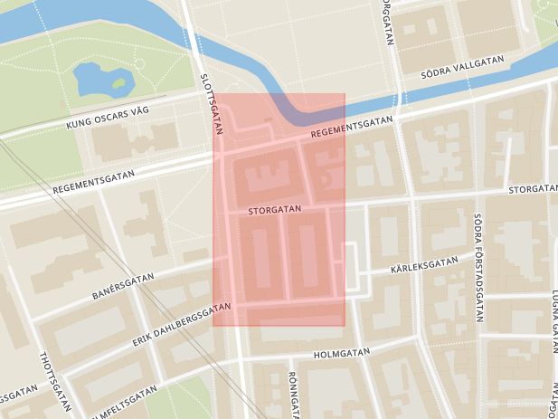 Karta som med röd fyrkant ramar in Kockumsgatan, Storgatan, Malmö, Skåne län