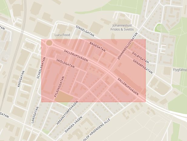 Karta som med röd fyrkant ramar in Malmö, Centrumgatan, Sallerupsvägen, Håkanstorp, Svedala, Skåne län