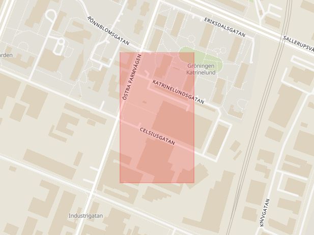 Karta som med röd fyrkant ramar in Katrinelund, Celsiusgatan, Östra Farmvägen, Malmö, Skåne län