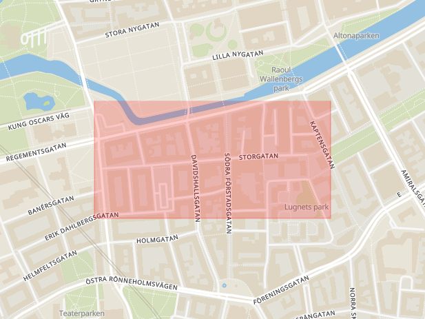 Karta som med röd fyrkant ramar in Storgatan, Malmö, Skåne län