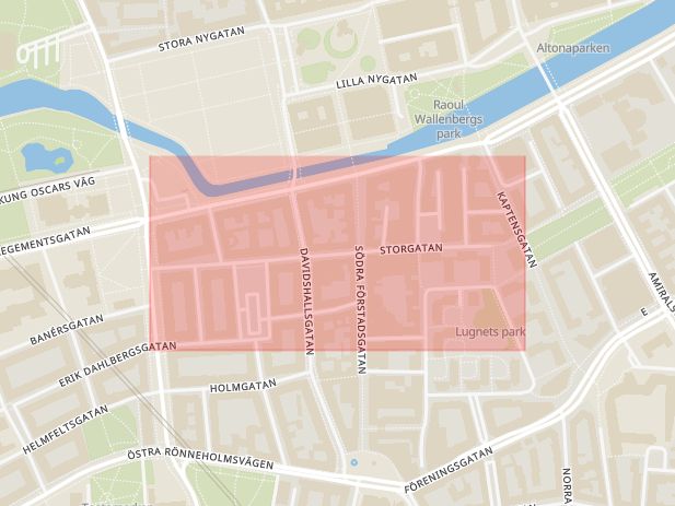 Karta som med röd fyrkant ramar in Storgatan, Malmö, Skåne län