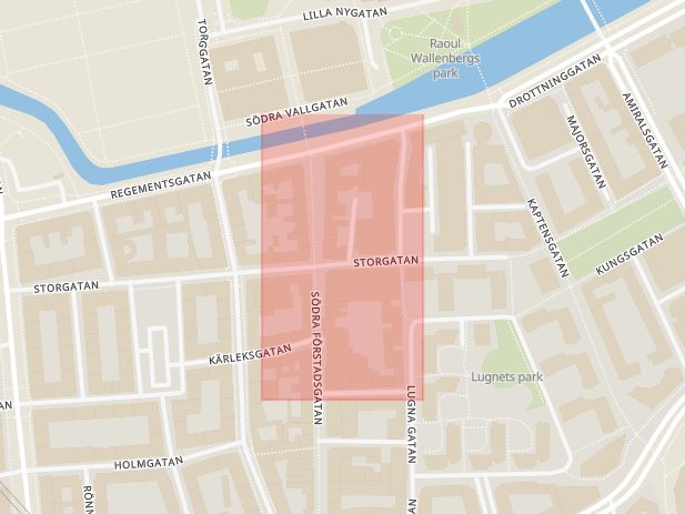 Karta som med röd fyrkant ramar in Rödkullastigen, Bullen, Malmö, Skåne län