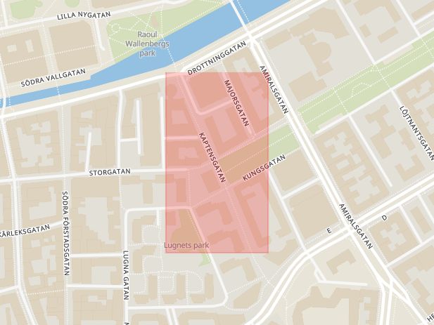 Karta som med röd fyrkant ramar in Lugnet, Kaptensgatan, Storgatan, Malmö, Skåne län