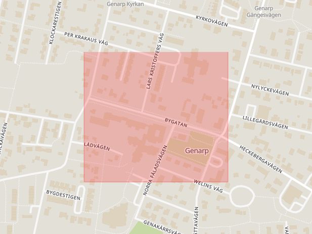 Karta som med röd fyrkant ramar in Bygatan, Genarp, Lund, Skåne län