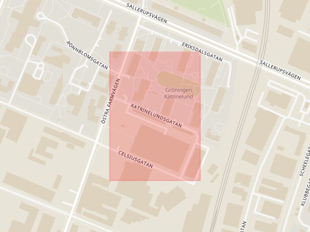 Karta som med röd fyrkant ramar in Katrinelundsgatan, Malmö, Skåne län