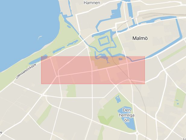 Karta som med röd fyrkant ramar in Regementsgatan, Malmö, Skåne län