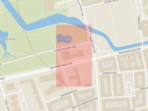 Karta som med röd fyrkant ramar in Fersens Väg, Regementsgatan, Stadsbiblioteket, Malmö, Skåne län