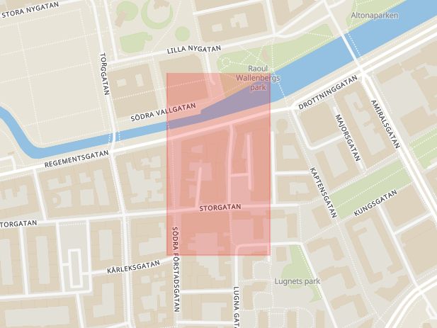 Karta som med röd fyrkant ramar in Västra Kanalgatan, Malmö, Skåne län