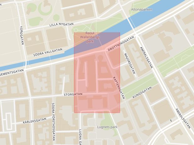 Karta som med röd fyrkant ramar in Östra Kanalgatan, Malmö, Skåne län
